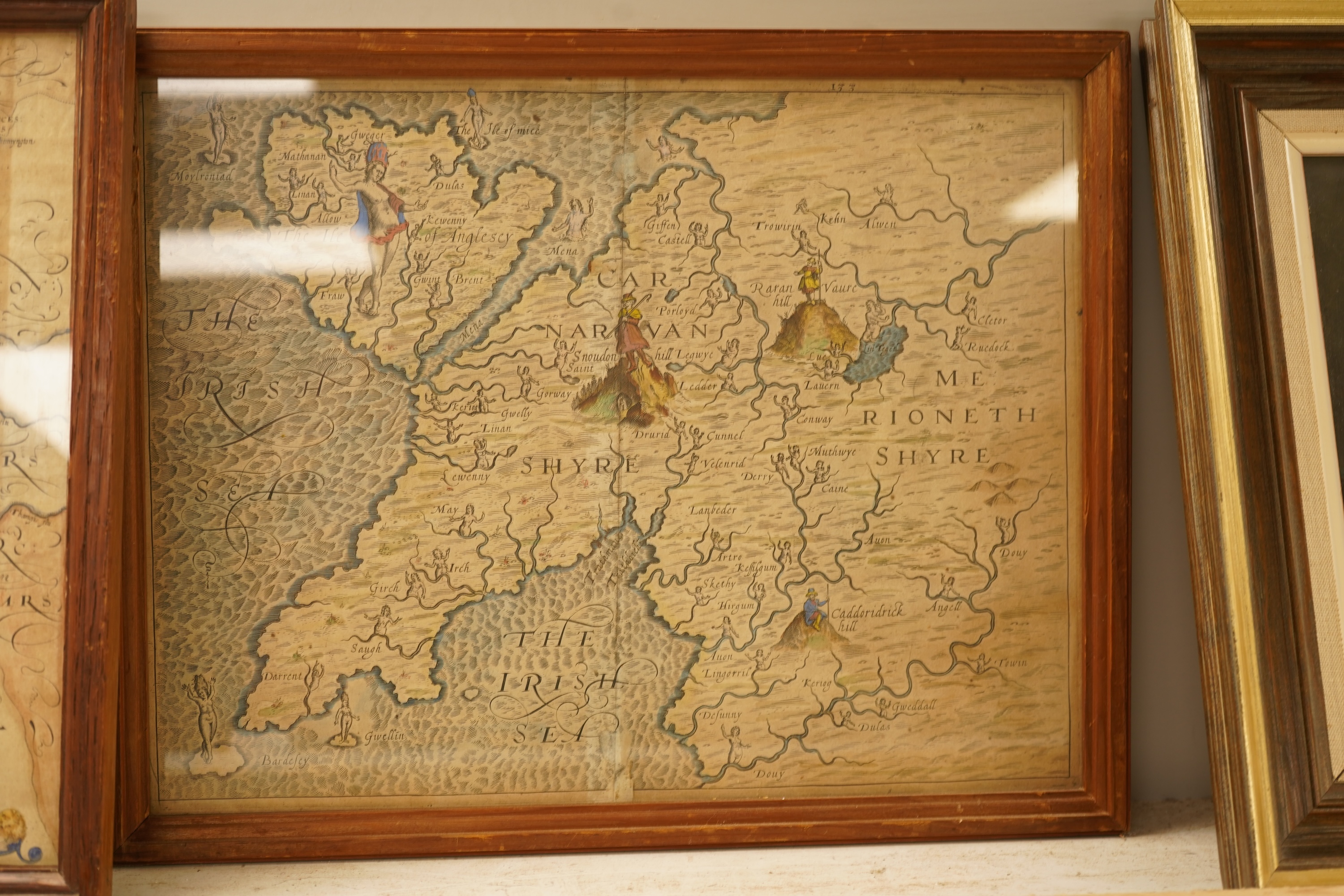 Cambden, 17th/18th century hand coloured engraved map of Gloucestershire together with another of Wales, 28 x 31cm